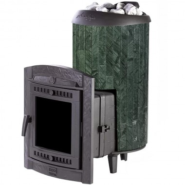 Чугунная банная печь ProMetall Атмосфера XL+ усиленная в ламелях из мрамора Верде Гватемала до 32 м³