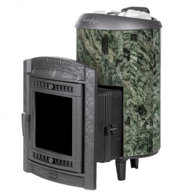 Чугунная банная печь «Атмосфера L» в ламелях из натурального камня Жадеит до 24 м³