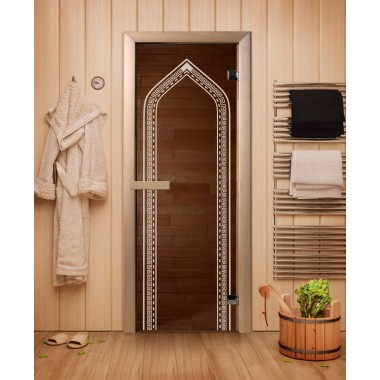 Дверь стеклянная DoorWood 800*1900 "Арка Бронза" стекло бронза прозрачная 8 мм, коробка лиственная, деревянная ручка