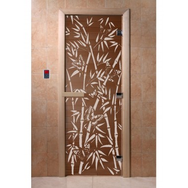  Стеклянная дверь для бани и сауны DoorWood 900*2100 Бамбук и бабочки Бронза 