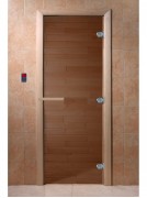Дверь стеклянная DoorWood 700*1900 "Теплый день" стекло бронза прозрачная 8 мм, коробка лиственная, деревянная ручка
