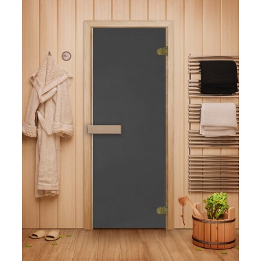 Дверь стеклянная DoorWood 700*1900 "Затмение" стекло графит матовый 6 мм, коробка хвоя, деревянная ручка
