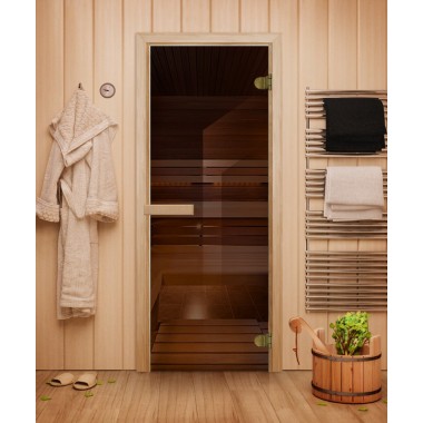 Дверь стеклянная DoorWood 800*1800 "Теплый день" стекло бронза прозрачная 8 мм, коробка лиственная, деревянная ручка