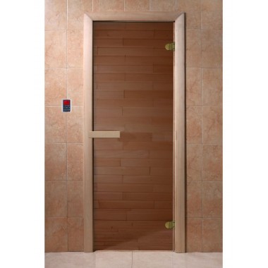 Дверь стеклянная DoorWood 700*2000 "Теплый день" стекло бронза прозрачная 8 мм, коробка лиственная, деревянная ручка