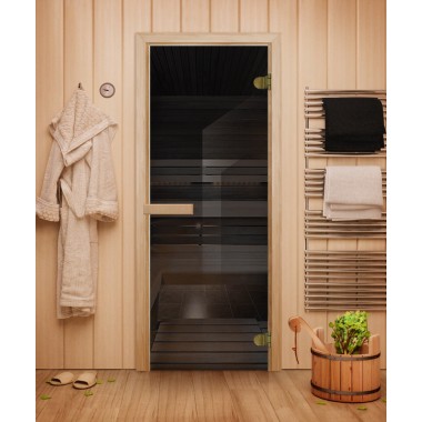 Дверь стеклянная DoorWood 700*1900 "Сумерки" стекло графит прозрачный 6 мм, коробка хвоя, деревянная ручка