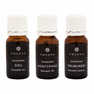 Деревянный набор для сауны Emendo 3 х 10 мл конфета Сальмякки, сосновая смола, дух Финляндии и деревянное крепление