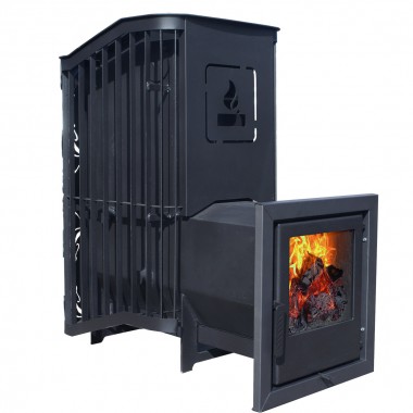Дровяная печь для бани Варвара ТЕРМА Каменка Панорамная дверь с выносной топкой парная 12 – 24 м³